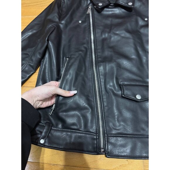 ZARA Man Faux Leather Biker Jacket Black Size L Moto Zip Pockets Asymmetrical - Picture 2 of 10